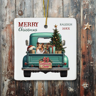 Shetland Sheepdog Retro Truck Weihnachten Keramikornament