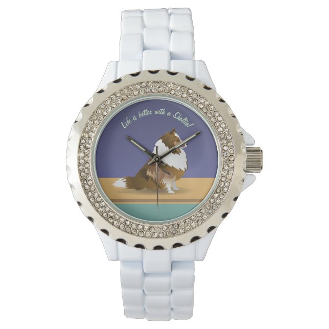 Shetland Sheepdog: Sable Sheltie auf lila & grün Armbanduhr (Vorderseite)