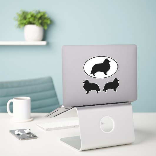 Shetland Sheepdog Silhouetten Vinyl Sticker Set (Laptop auf Schreibtisch)