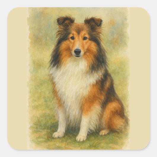 Shetland Sheepdog Sitting Watercolor Quadratischer Aufkleber (Vorderseite)