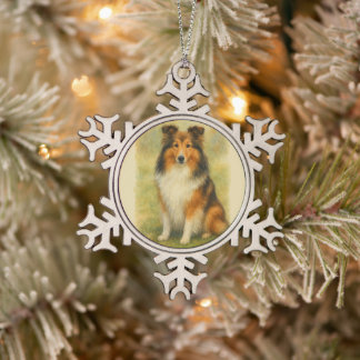 Shetland Sheepdog Sitting Watercolor Schneeflocken Zinn-Ornament