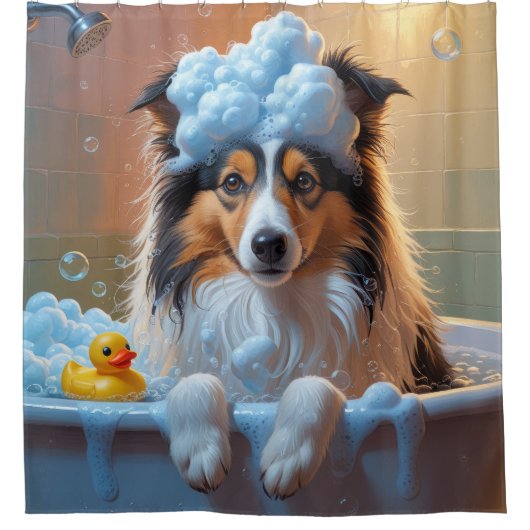 Shetland Sheepdog Sloppy Sleepy Niedlich Funny Fun Duschvorhang (Vorderseite)