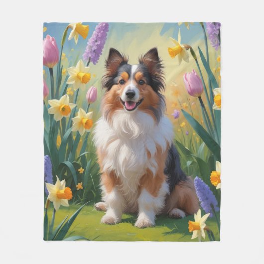 Shetland Sheepdog Spring Flowers Malerei Fleecedecke (Vorderseite)