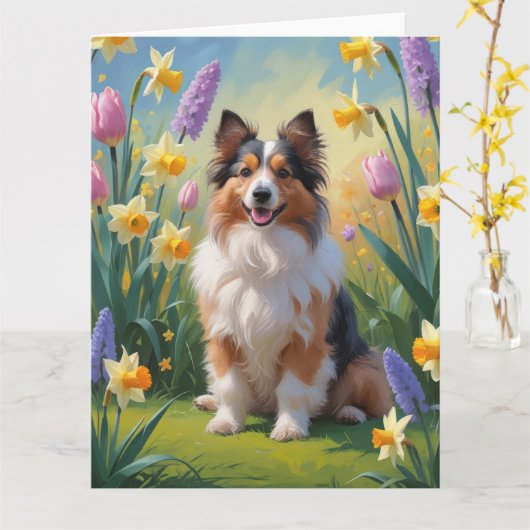 Shetland Sheepdog Spring Flowers Malerei Karte (Gelbe Blume)