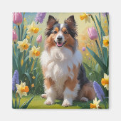 Shetland Sheepdog Spring Flowers Malerei Magnet (Vorne)