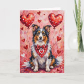 Shetland Sheepdog Valentine Dog Sitting with Heart Karte (Vorderseite)