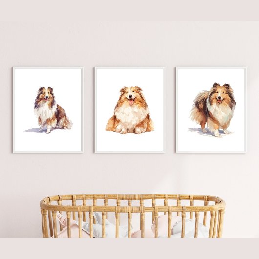 Shetland Sheepdog Wall Art, Sheltie Puppy Art Bilderwand Sets
