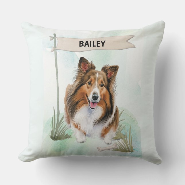 Shetland Sheepdog Watercolor Personalized Dog Kissen (Vorderseite)