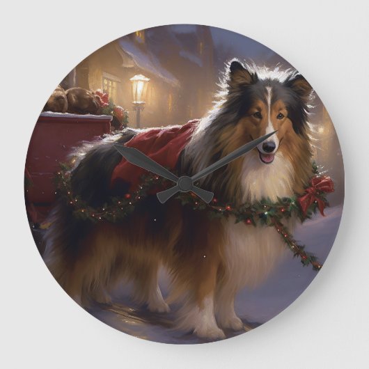 Shetland Sheepdog Weihnachtsfeiertage Große Wanduhr (Vorderseite)