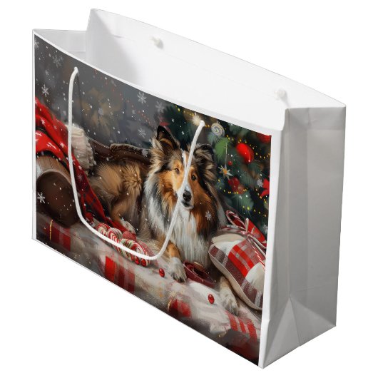 Shetland Sheepdog Weihnachtsfest Große Geschenktüte (Vorderseite Schrägansicht)
