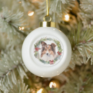 Shetland Sheepdog Weihnachtsmann Keramik Kugel-Ornament