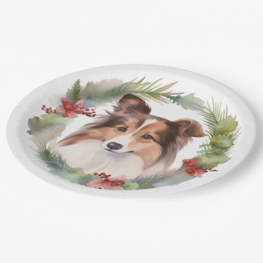 Shetland Sheepdog Weihnachtsmann Pappteller (Schrägansicht)