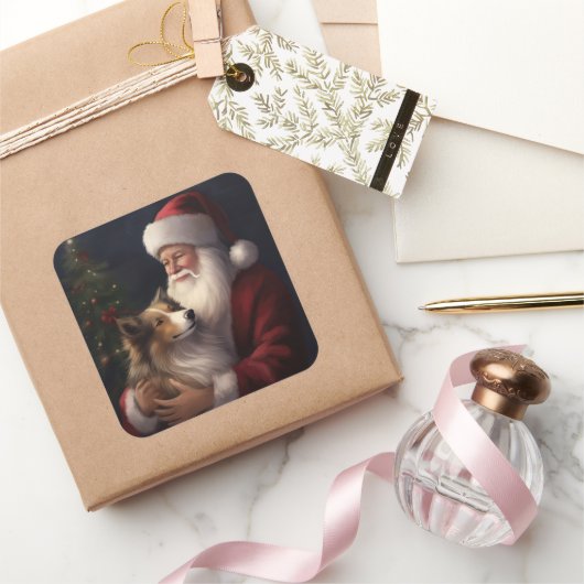 Shetland Sheepdog Weihnachtsmann Weihnachten Quadratischer Aufkleber (Schenken)