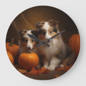Shetland Sheepdog Welpe Autumn Delight Pumpen Große Wanduhr (Vorderseite)