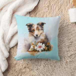 Shetland Sheepdog Welpe Haustier Wasserfarbe Blume Kissen