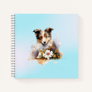 Shetland Sheepdog Welpe Haustier Wasserfarbe Blume Notizblock