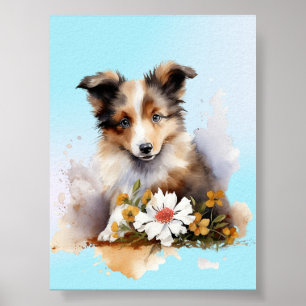 Shetland Sheepdog-Welpe Haustier Wasserfarbe Blume Poster