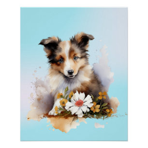Shetland Sheepdog Welpe Haustier Wasserfarbe Blume Poster