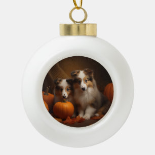 Shetland Sheepdog Welpe Herbstfreude Kürbis  Keramik Kugel-Ornament