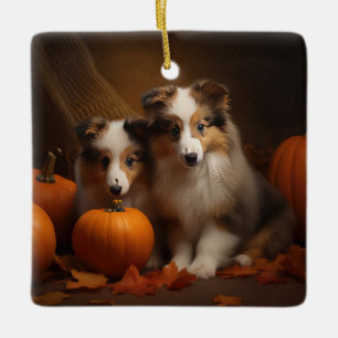 Shetland Sheepdog Welpe Herbstfreude Kürbis  Keramikornament