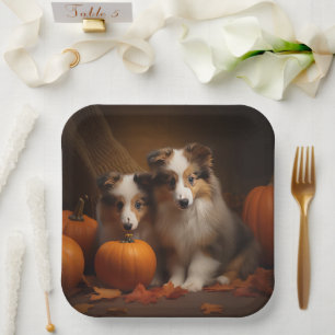 Shetland Sheepdog Welpe Herbstfreude Kürbis  Pappteller