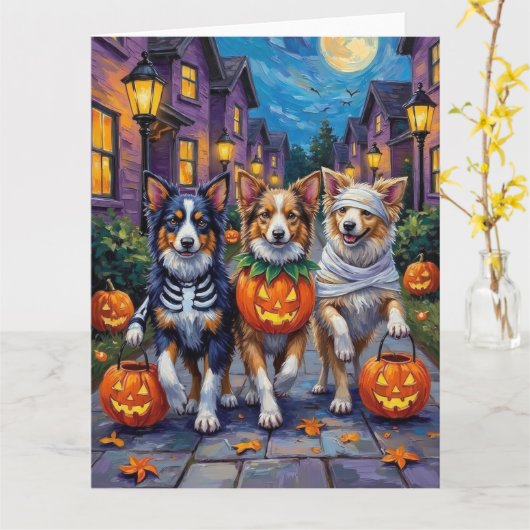Shetland Sheepdogs in Halloween Costumes Karte (Gelbe Blume)
