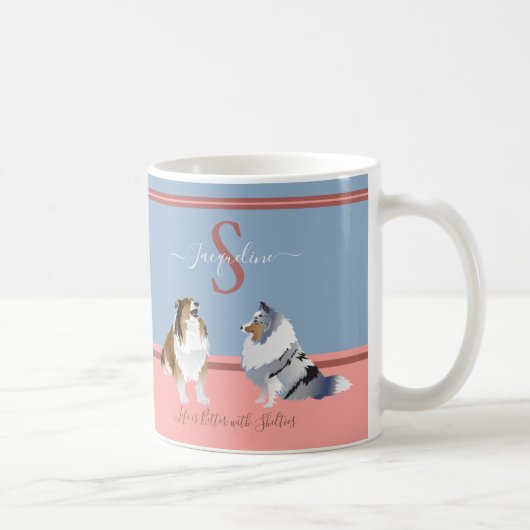 Shetland Sheepdogs, Shelties, auf Blue & Pink Kaffeetasse (Rechts)