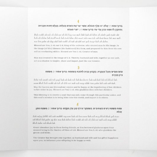 Sheva Brachos ~ 7 Jüdische Eheschließungen Dreifach Gefaltete Ankündigung (Innenseite Mitte)