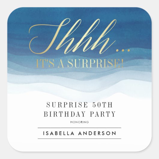 Shhh... | Gold und Aquarellfarben Überraschung Geb Quadratischer Aufkleber (Vorderseite)