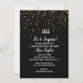 Shhh Surprise Gold Confetti auf Black Abschluss Einladung (Vorderseite)