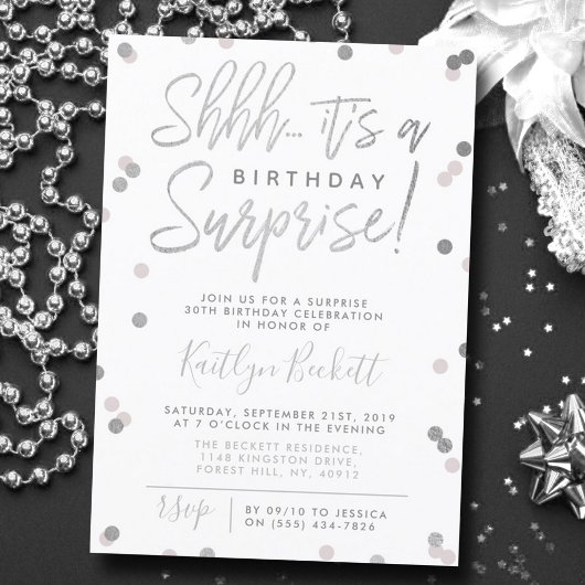 Shhh... Überraschung Geburtstag Silver Foil Confet Einladung
