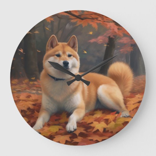 Shib Inu im Herbst Leaves Fall Inspiriert Große Wanduhr (Vorderseite)