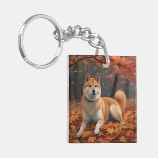 Shib Inu im Herbst Leaves Fall Inspiriert Schlüsselanhänger (Vorderseite links)