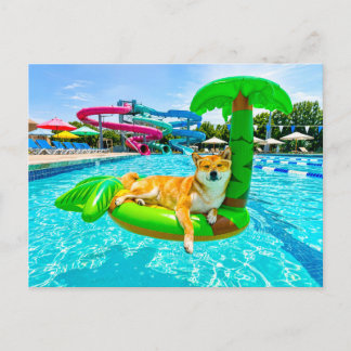 Shiba Inu auf Palmenfloß Postkarte