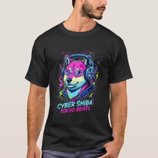 Shiba Inu Cassette DJ - Neon Cyberpunk Tokyo T-Shirt