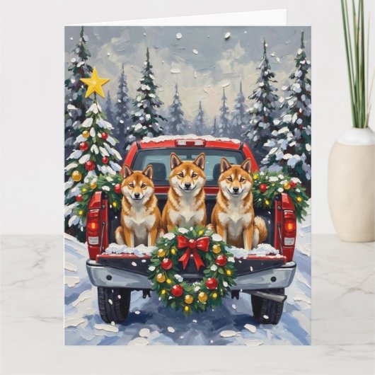 Shiba Inu Christmas Red Truck Holiday Karte (Vorderseite)