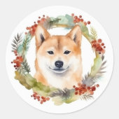 Shiba Inu Christmas Wreath Festivals Runder Aufkleber (Vorderseite)