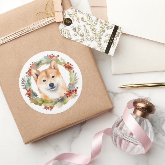 Shiba Inu Christmas Wreath Festivals Runder Aufkleber (Schenken)