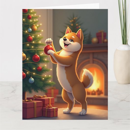Shiba Inu Decorating the Christmas Tree Painting Karte (Vorderseite)