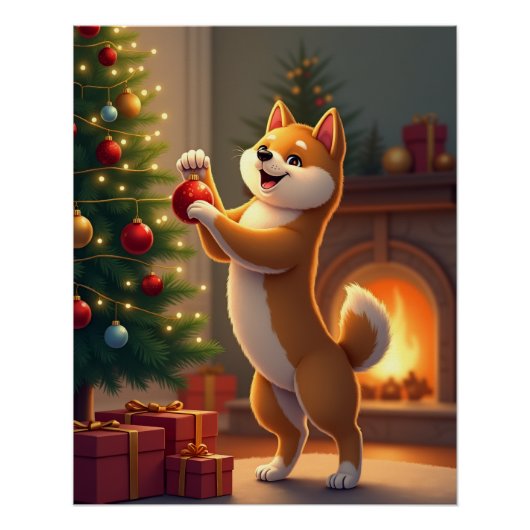 Shiba Inu Decorating the Christmas Tree Painting Poster (Vorderseite)