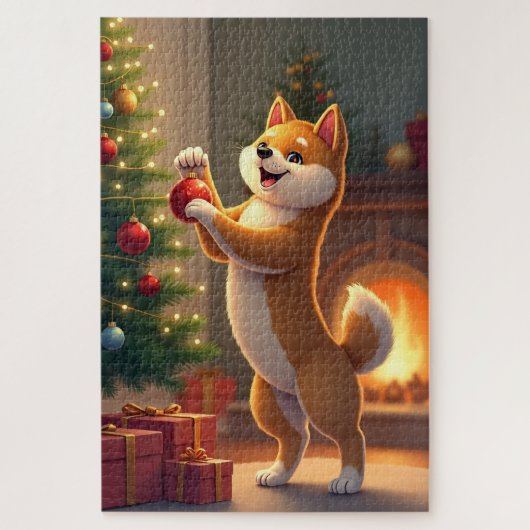 Shiba Inu Decorating the Christmas Tree Painting Puzzle (Vertikal)