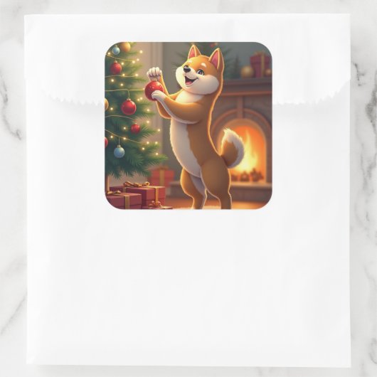 Shiba Inu Decorating the Christmas Tree Painting Quadratischer Aufkleber (Tasche)