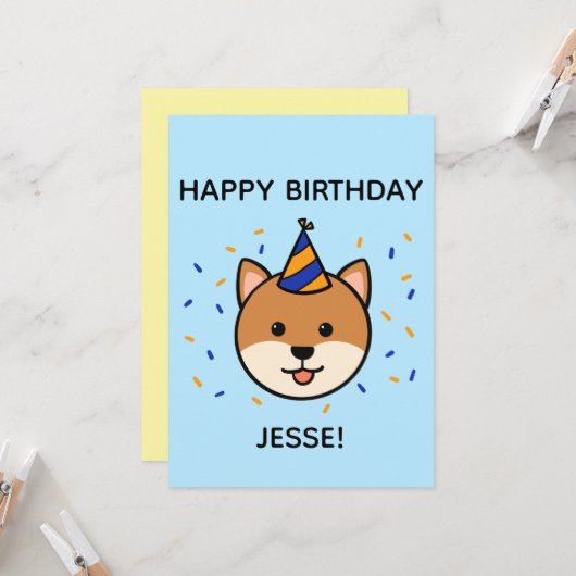 Shiba Inu Dog | Blue & Orange Birthday Flat Karte (Vorderseite/Rückseite Beispiel)