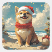 Shiba Inu Dog Christmas Vintag Beach Quadratischer Aufkleber (Vorderseite)