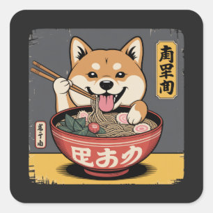 Shiba Inu Dog Eating Ramen Quadratischer Aufkleber