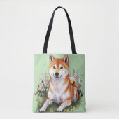 Shiba Inu Dog Green Tote Bag Wasserfarbe Kunst Tasche (Vorderseite)