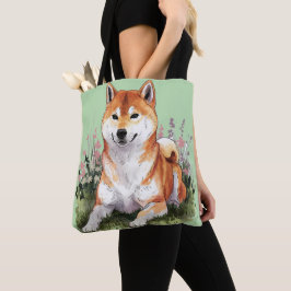 Shiba Inu Dog Green Tote Bag Wasserfarbe Kunst Tasche