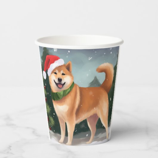 Shiba Inu Dog in Schnee Weihnachten Pappbecher (Rückseite)