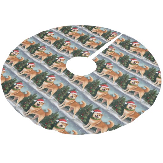 Shiba Inu Dog in Schnee Weihnachten Polyester Weihnachtsbaumdecke (Schrägansicht)