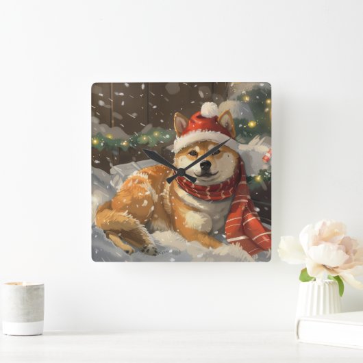 Shiba Inu Dog Weihnachtsfest Quadratische Wanduhr (Zuhause)